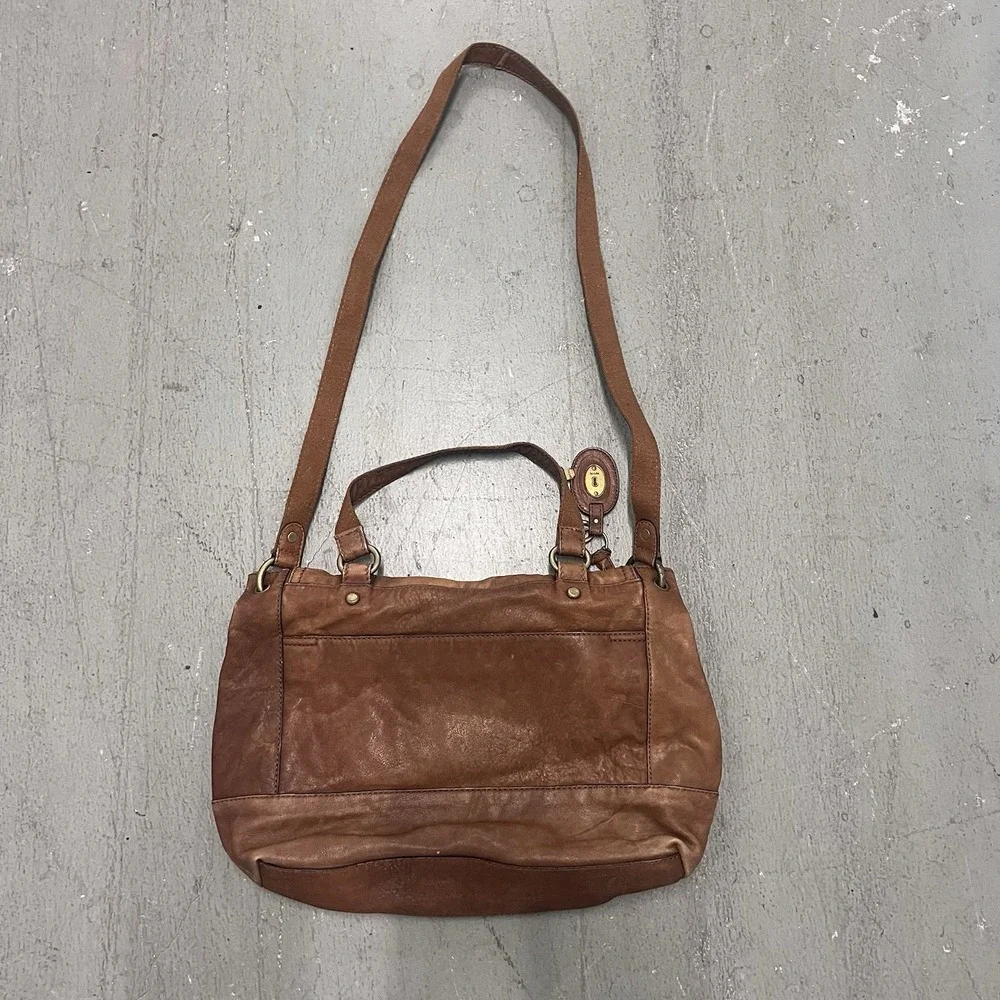 Fossil Leather Satchel Crossbody Bag Cognac Brown Brass Turnlock Key Charm Purse